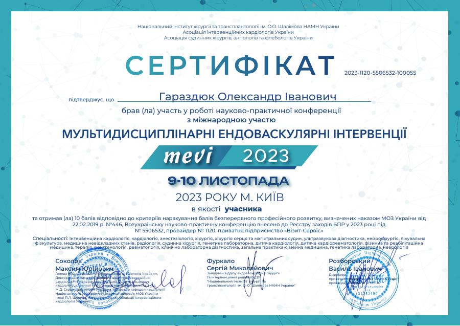 Сертифікат Олександра Гараздюка: MEVI 2023